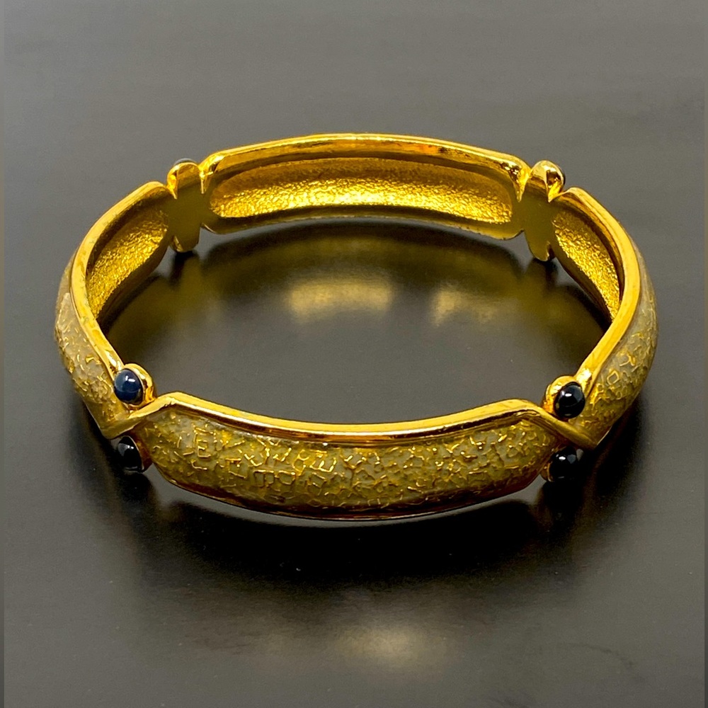 BALENCIAGA Paris Gold Tone Enamel Metal Cuff Bracelet w/ Black Stones